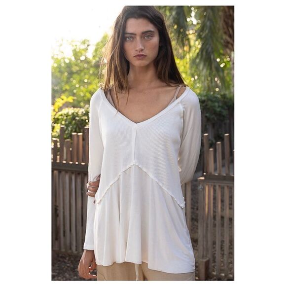 LIGHT wash long sleeve top w/ rib textured Detail - Picture 1 of 16